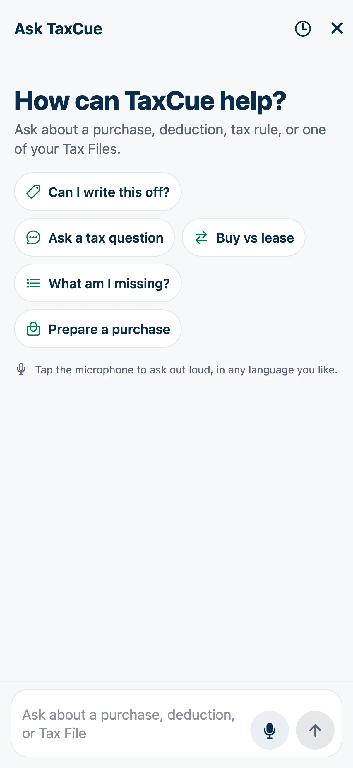 Ask TaxCue screen with suggestions such as Can I write this off?, Buy vs lease and What am I missing?