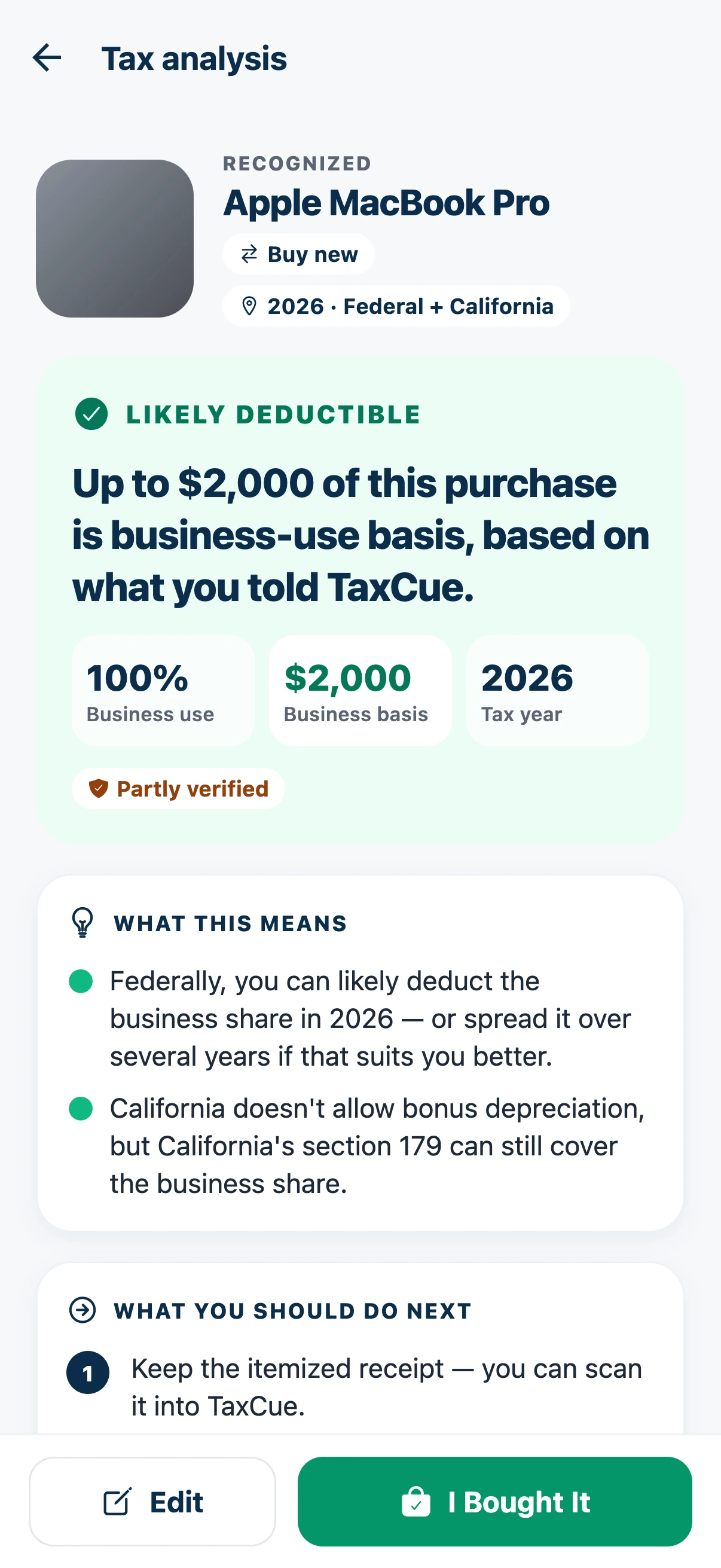 TaxCue tax analysis for a MacBook Pro showing it is likely deductible.