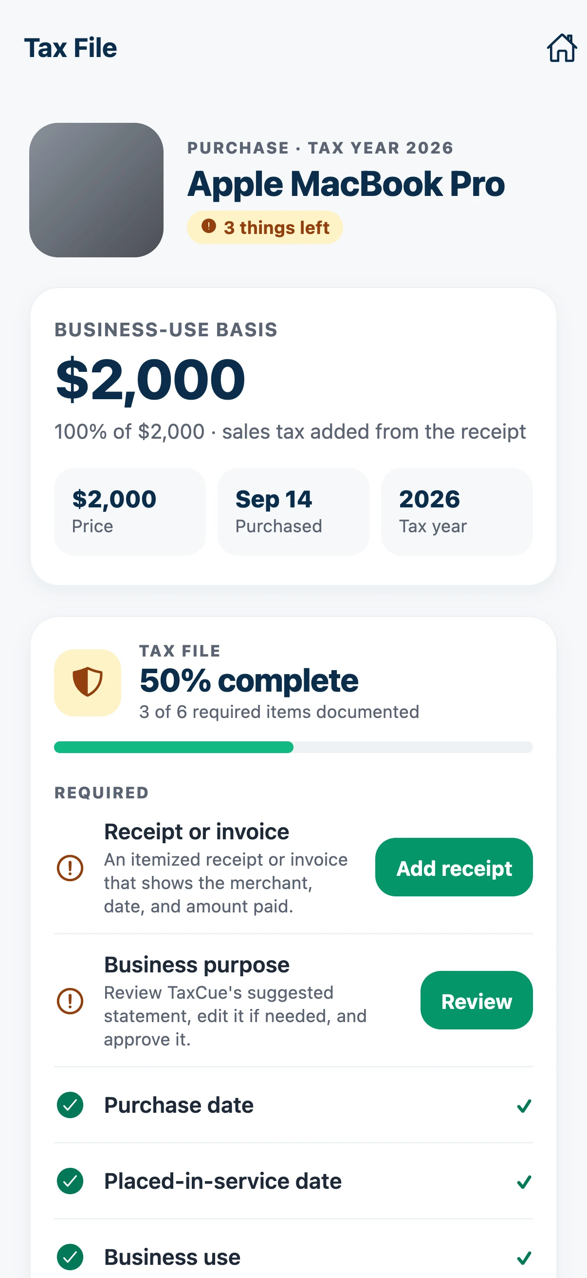 A TaxCue Tax File showing the business-use basis, 50% completion and the receipt and business purpose still required.